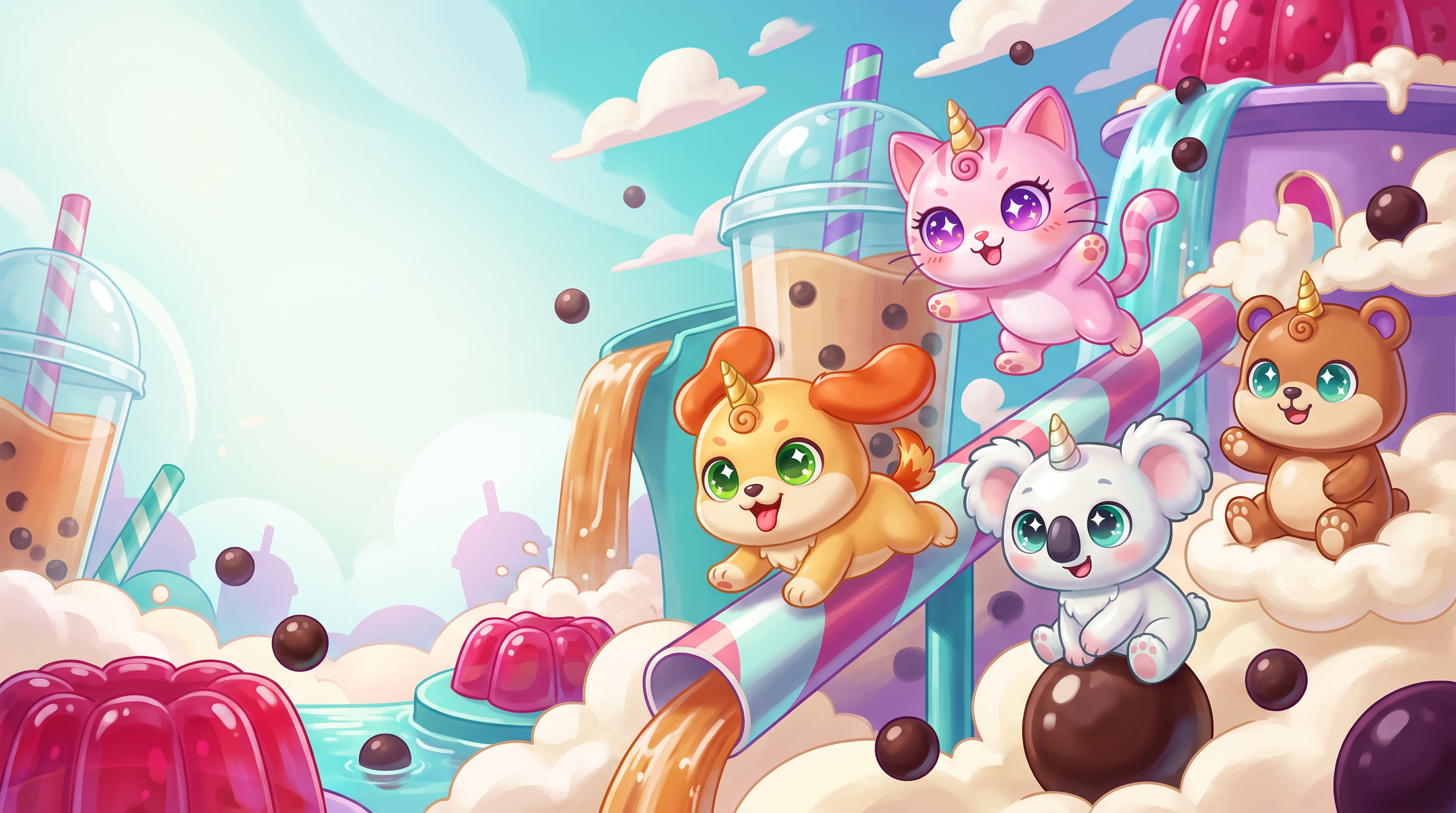 The four Lil Boba Club characters in their illustrated bubble tea world